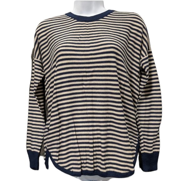 Pink Rose Sweater Navy Blue & Off White Stripe Curved Hem Ladies Size Large - Picture 1 of 7
